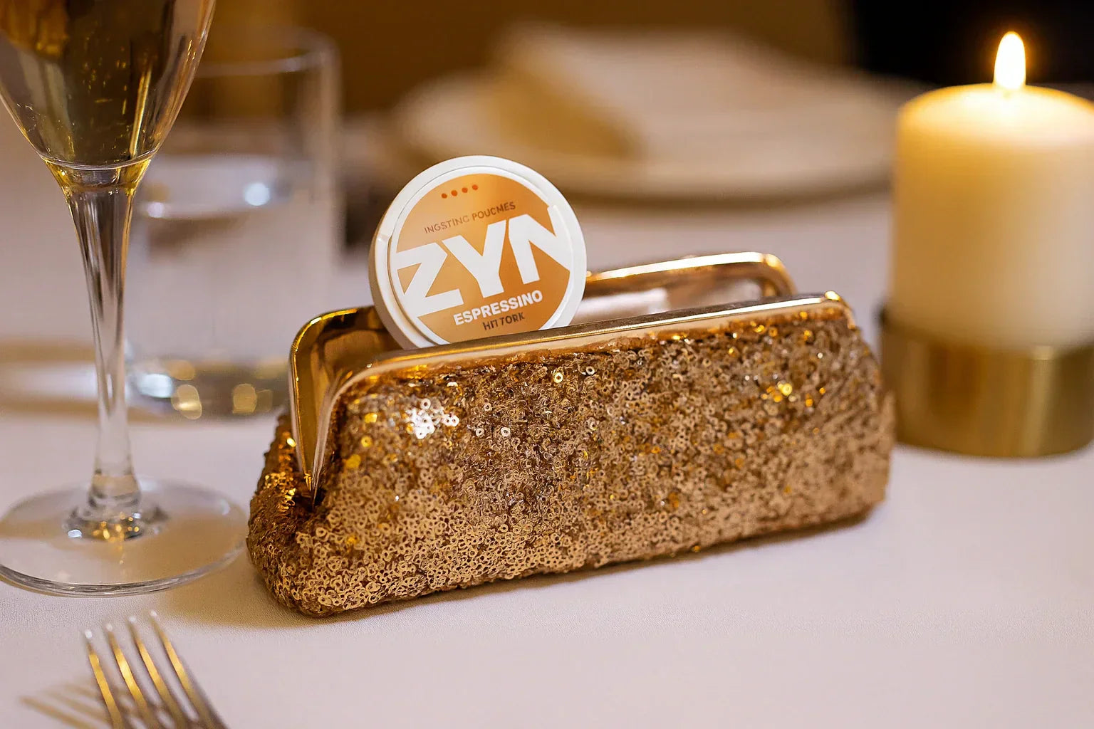 Zyn pouches inside a glamourous evening clutch